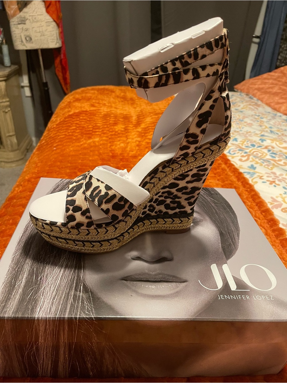 Jennifer Lopez Leopard-Print Ankle Wrap Espadrille Wedges in White and Brown